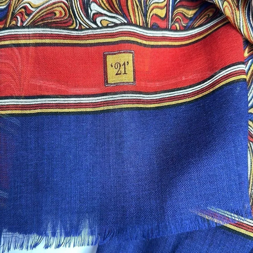 Silk Wool Large Oblong Scarf Shawl Lightweight Wrap Blue Paisley Italy